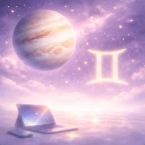 Jupiter in Gemini, floating above blurred luminous communication devices within misty violet night cloud.