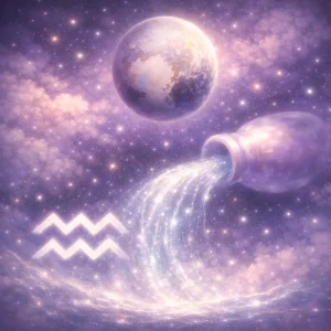 Pluto in Aquarius, with a blurred luminous vessel pouring starlit water into the night sky.