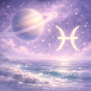 Saturn in Pisces above calm violet night waters, with the Pisces glyph glowing in a misty, cold toned sky.