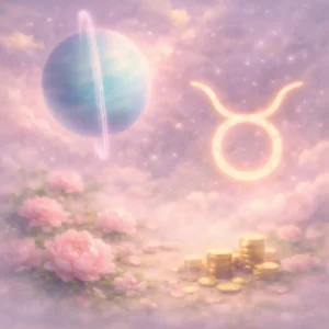 Uranus in Taurus, floating above blurred pink flowers and faint blurred coins in a violet night sky.