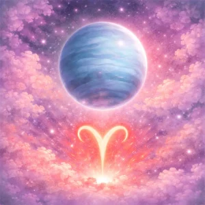 eptune entering Aries, glowing above misty rose and violet clouds in a calm starry night sky.