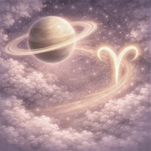 Planet Saturn entering Aries sign, with Saturn’s glowing rings gently meeting the luminous Aries symbol within a misty night sky.
