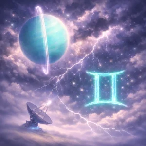 Uranus in Gemini beneath stormy skies with lightning, featuring a blurred satellite dish and a Gemini symbol.