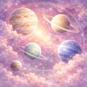 Jupiter, Saturn, Uranus, Neptune, and Pluto floating within a faint empty wheel, symbolizing planetary shifts across the zodiac.