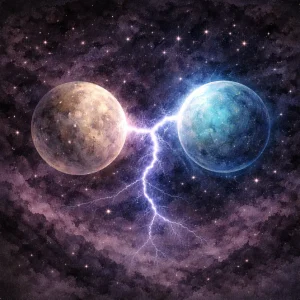 Mercury and Uranus, connected by a subtle electric light within dark violet and indigo Scorpio season night tones.