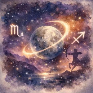 Mercury in retrograde with Scorpio and Sagittarius in soft celestial watercolor tones.