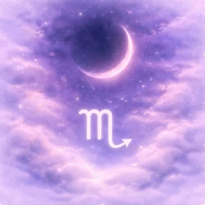 New Moon above the Scorpio glyph, set within misty violet and silvery night tones.