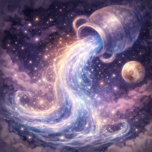 Aquarius water vessel pouring a stream of starlit water into the night sky, with a small distant Pluto like planet on the right.