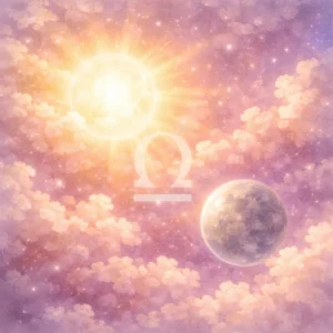 Sun and Mercury in Libra, floating within pastel rose and violet clouds in a calm night sky.