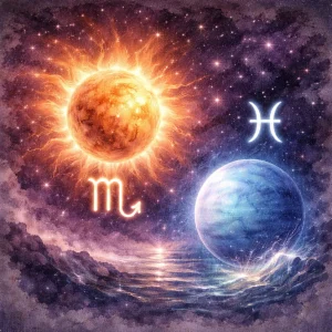 Sun in Scorpio and Neptune in Pisces, set within misty violet, indigo, and silvery night tones.