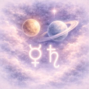 Mercury and Saturn glyphs beneath their glowing planets, set within misty night blues and silvery atmospheric tones.