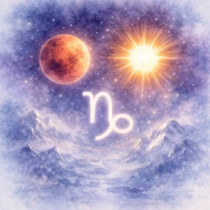 Soft celestial watercolor featuring the Capricorn glyph between a glowing Sun and Mars, set within misty winter night blues and silvery atmospheric tones.