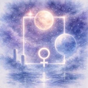Soft celestial watercolor featuring the Venus glyph within a luminous square formation, set against misty night blues and silvery tones, symbolizing Venus square Neptune in a calm atmospheric sky.