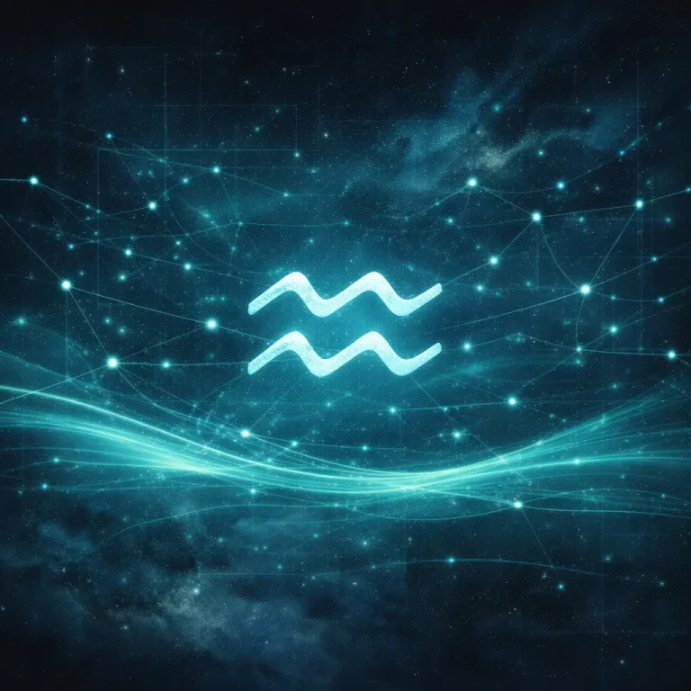 Aquarius zodiac glyph in a cosmic interface visual style