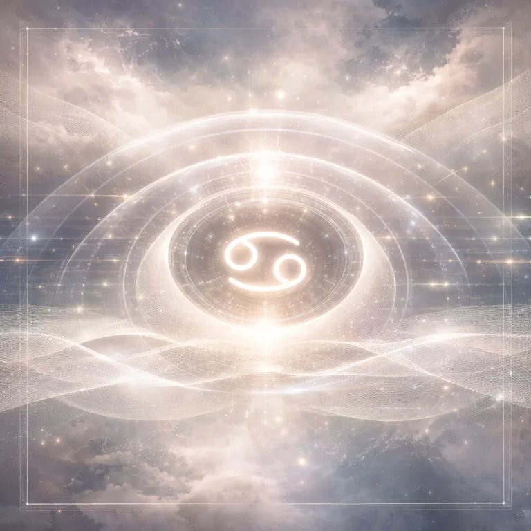 Cancer zodiac glyph in a cosmic interface visual style