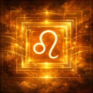 Leo zodiac glyph in a cosmic interface visual style