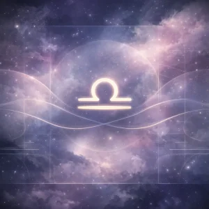 Libra zodiac glyph in a cosmic interface visual style