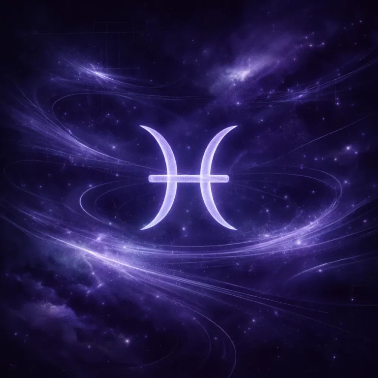 Pisces zodiac glyph in a cosmic interface visual style