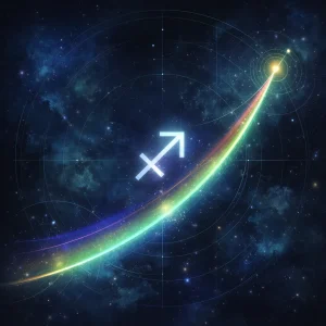 Sagittarius zodiac glyph in a cosmic interface visual style