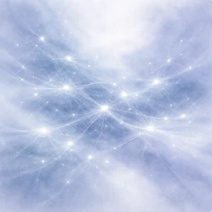 A misty blue-gray watercolor field with faint branching cloud-like connection structures, forming a calm distributed cosmic network layer.
