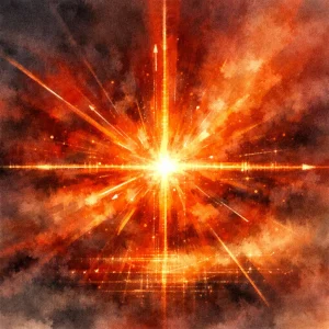 A bright central light emitting sharp radiant lines and abstract data-like vectors, suggesting ignition and the start of a cosmic system process.