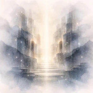 A misty abstract architectural field with layered stepped structures and faint pillar-like forms dissolving into fog, suggesting a calm cosmic system core and structural foundation.
