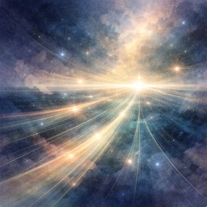 Radiant diagonal light paths extending across a layered cosmic field toward distant luminous target points, forming an abstract navigation and trajectory space.