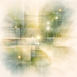 A soft abstract field with translucent grid layers, gentle glowing measurement points, and a misty golden central focus, forming a calm cosmic analysis and calibration space.