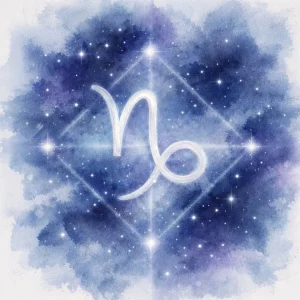 Traditional watercolor artwork showing a Capricorn zodiac glyph within a soft celestial square, symbolizing a cardinal grand cross in winter night tones.