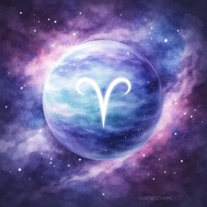 Planet Neptune against a deep purple, softly blended background, with the Aries glyph hovering over the planet.