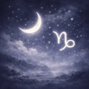 A New Moon in Capricorn, with the Capricorn glyph glowing in a cold blue-gray night sky.