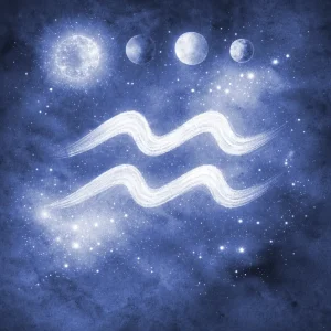 Aquarius glyph with Sun, Mercury, Venus and Mars as soft glowing planets on deep space background, tiny sparks of light.