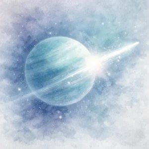 Planet Uranus in cool blue tones against a blurred, atmospheric background, with a subtle sense of forward motion.