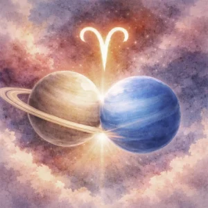 Saturn and Neptune in close conjunction with an Aries glyph above, set against a soft blurred cosmic background.