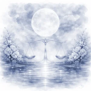 Full Moon above a balanced scale reflected in calm water, with soft pink flowers on both sides.