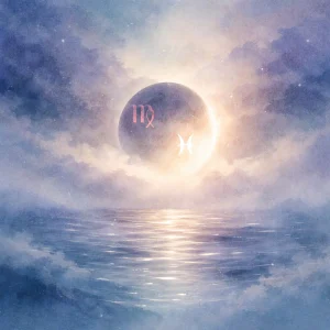 A softly shadowed full Moon during a lunar eclipse rises above a calm ocean horizon, surrounded by mist and diffused light reflecting gently across the water.