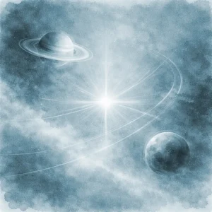 Bright Sun at the center, with Saturn and its rings above and Pluto below, connected by soft orbital lines in a muted cosmic scene.