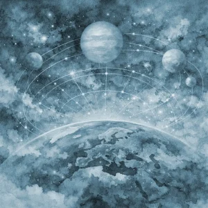 Earth seen from space beneath several planets connected by glowing orbital paths across a star filled cosmic sky.