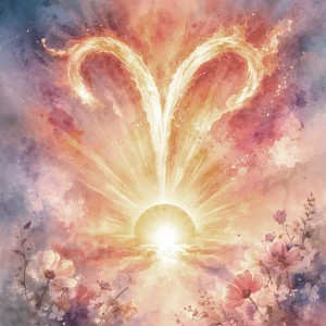 Bright Sun fully risen on the horizon, radiating light upward toward a glowing Aries glyph formed from fiery rays in the sky, with soft spring flowers and clouds surrounding the scene.