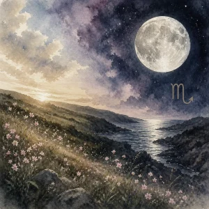 Landscape with flowers, a glowing Full Moon over water, and a faint Scorpio symbol in the night sky.