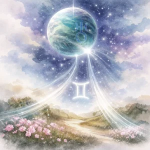 Glowing Uranus above the Gemini glyph in a starry sky, with pink flowers and a winding path across a peaceful landscape below.