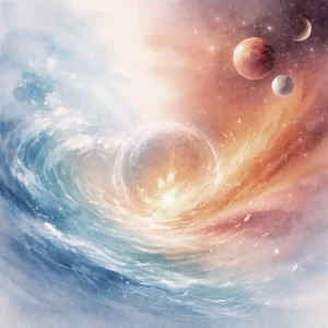 Abstract scene of blue water flowing into warm fire tones, with a soft central convergence and two small planets, Mercury and Mars, in the upper right, alongside a new moon.