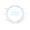 Aquarius zodiac glyph in glowing blue at the center of a futuristic circular symbol design with clean geometric lines on a transparent background.