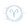 Aries zodiac glyph in glowing blue at the center of a futuristic circular symbol design with clean geometric lines on a transparent background.