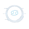 Cancer zodiac glyph in glowing blue at the center of a futuristic circular symbol design with clean geometric lines on a transparent background.