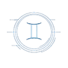 Gemini zodiac glyph in glowing blue at the center of a futuristic circular symbol design with clean geometric lines on a transparent background.
