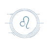 Leo zodiac glyph in glowing blue at the center of a futuristic circular symbol design with clean geometric lines on a transparent background.