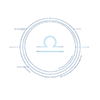 Libra zodiac glyph in glowing blue at the center of a futuristic circular symbol design with clean geometric lines on a transparent background.
