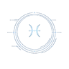 Pisces zodiac glyph in glowing blue at the center of a futuristic circular symbol design with clean geometric lines on a transparent background.