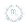Scorpio zodiac glyph in glowing blue at the center of a futuristic circular symbol design with clean geometric lines on a transparent background.